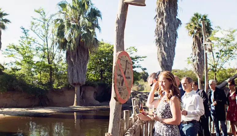 Group of people standing on a boardwalk overlooking a river.