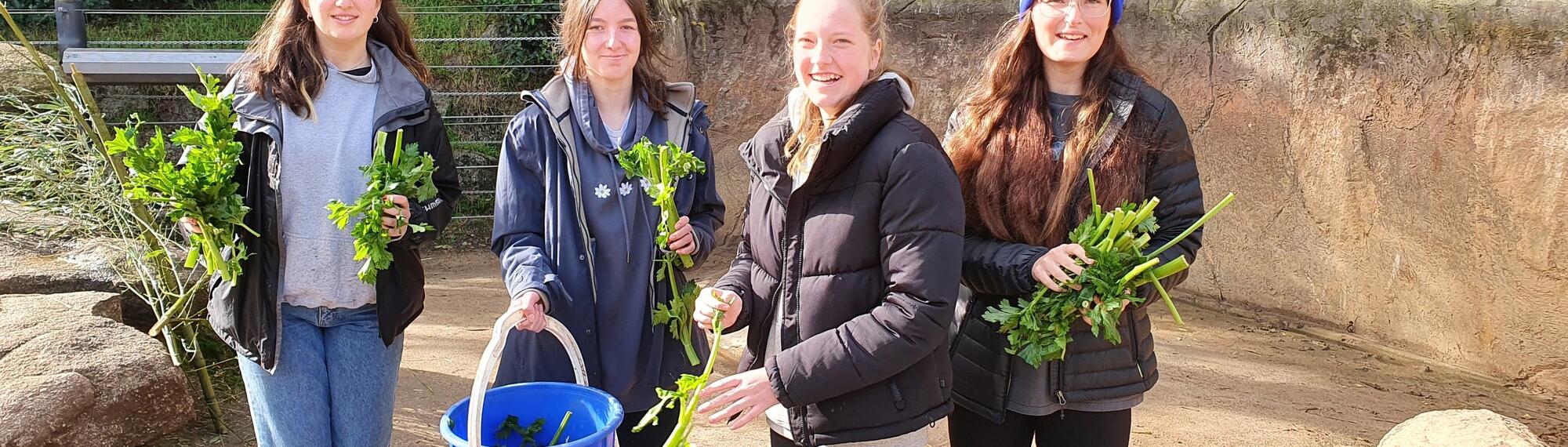 A group of students hold bunches of celery