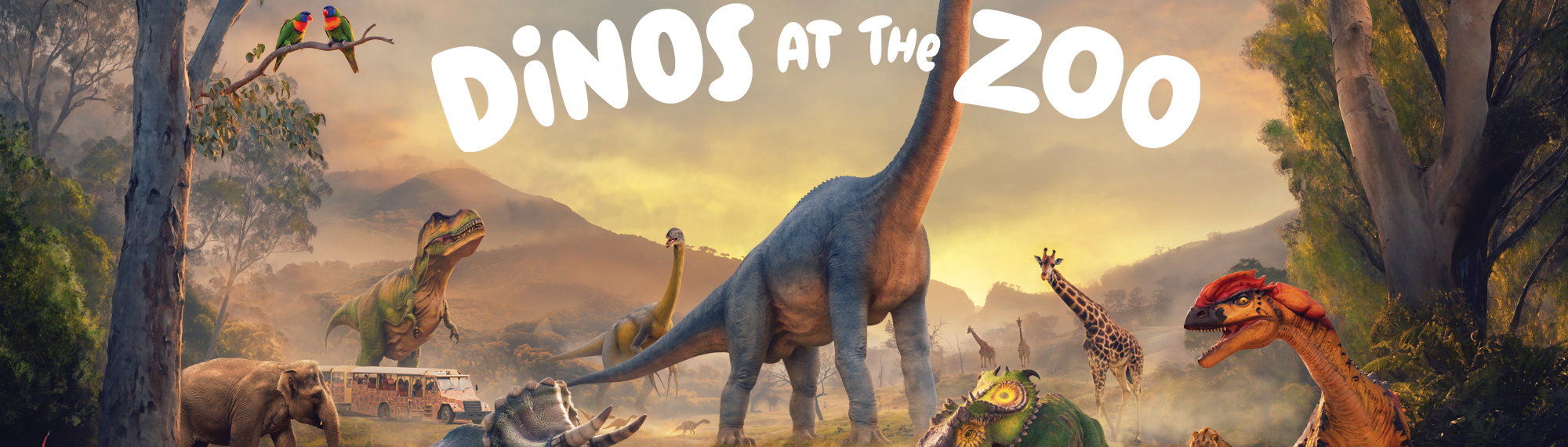 Text says dinos at the zoo. Image shows a number of dinosaurs surrounded by elephants, giraffes, lions, lorikeets, macaws and koalas