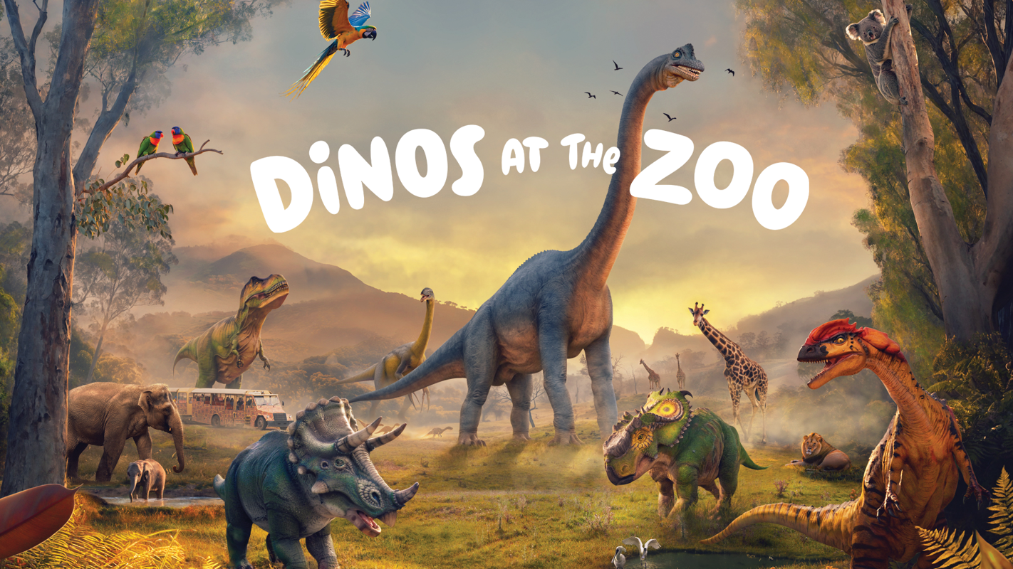 Text says dinos at the zoo. Image shows a number of dinosaurs surrounded by elephants, giraffes, lions, lorikeets, macaws and koalas