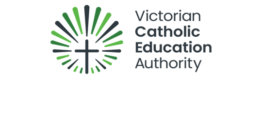 A graphic of a dark green cross with three separate shades of green rays surrounding it, with the words Victorian Catholic Education Authority written on the right