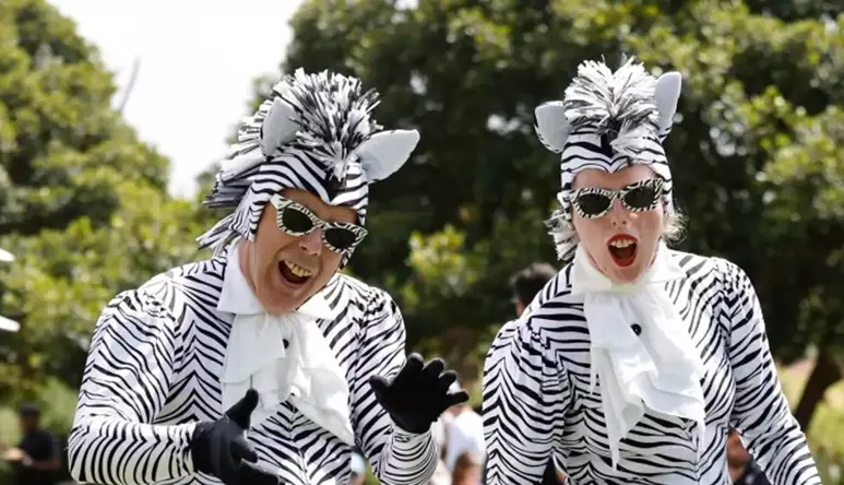 Two people dressed in zebra costumes making funny faces at the camera.